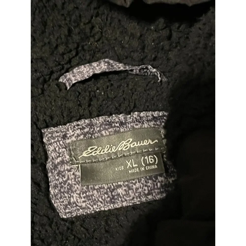 Eddie Bauer Jacket Kids XL 16 Hooded Puffer Insulated Sherpa Lined Gray Black